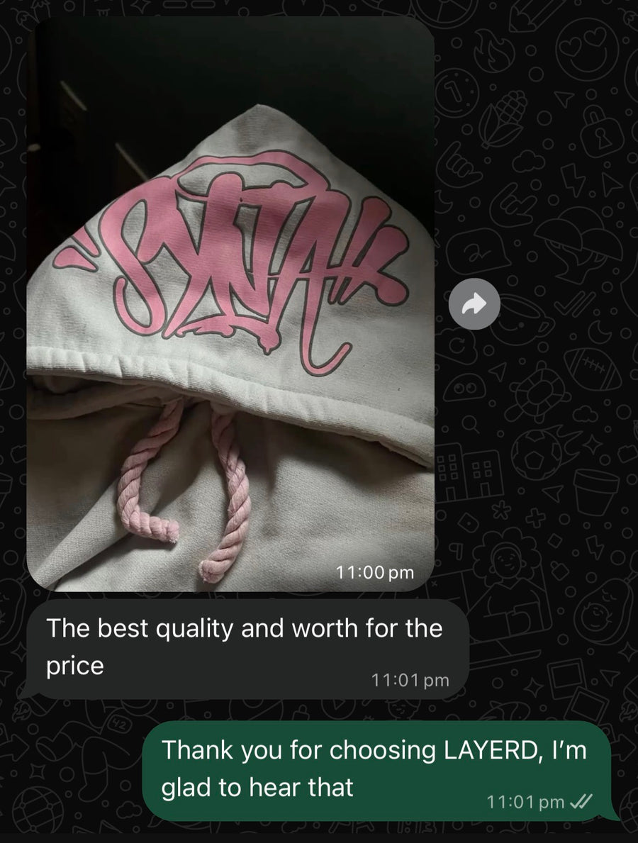 LAYERD customer review showing a light hoodie with a pink graphic