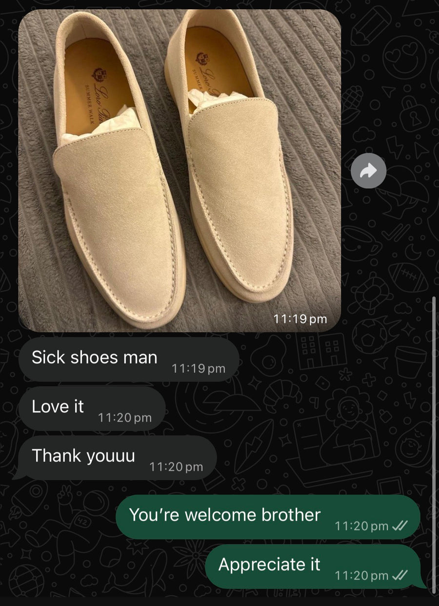 LAYERD customer review showing cream suede loafers